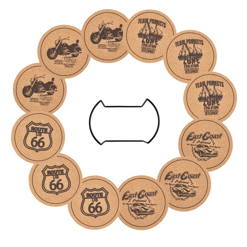 Custom Wooden Drink Coasters: Biodegradable cork coasters with motorcycle, Route 66, and Team Projects designs, OEM ready.