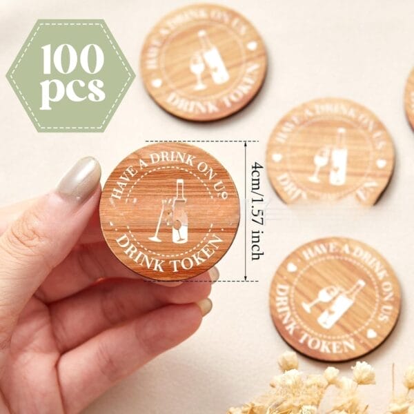 Custom Wooden Drink Tokens: Boxwood party tokens for weddings, bars, and promotions with bottle and glass design