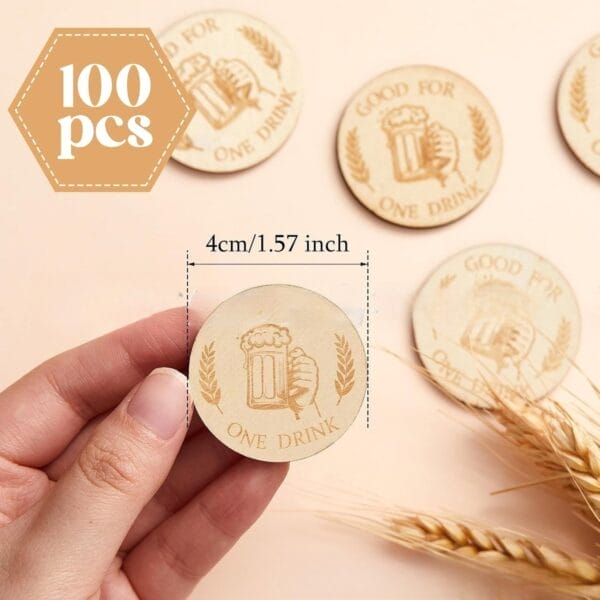 Custom Wooden Drink Tokens: Boxwood party tokens for weddings, bars, and promotions featuring a beer mug design.
