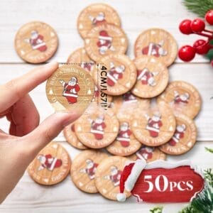 Custom Wooden Drink Tokens: Boxwood party tokens with Santa design for weddings, bars, and promotions. 50 pieces.