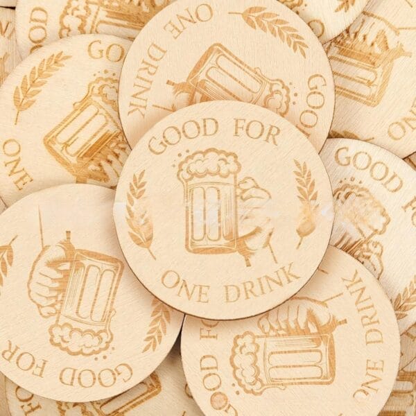 Custom Wooden Drink Tokens: Boxwood party tokens for weddings, bars & promotions; beer mug design, "Good for One Drink