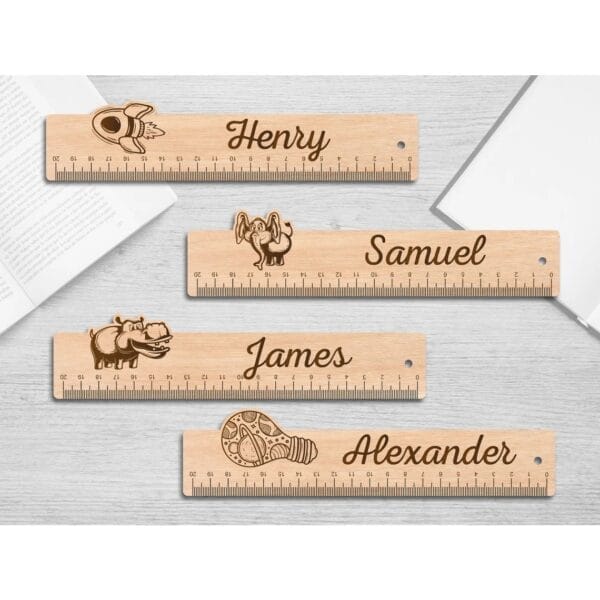 Custom Wooden Rulers: 21cm promotional rulers for corporate gifts and events, personalized with names and fun designs.