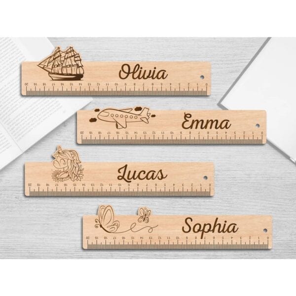 Custom wooden rulers: 21cm promotional rulers with personalized names (Olivia, Emma, Lucas, Sophia) and laser-engraved designs.