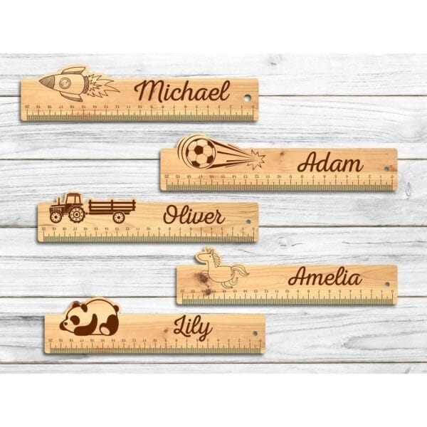 Custom Wooden Rulers: 21cm promotional rulers with personalized names (Michael, Adam, Oliver, Amelia, Lily) and unique designs.
