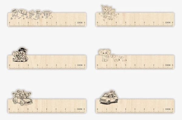 Custom Wooden Rulers: 21cm promotional rulers for corporate gifts, featuring cartoon animal designs.