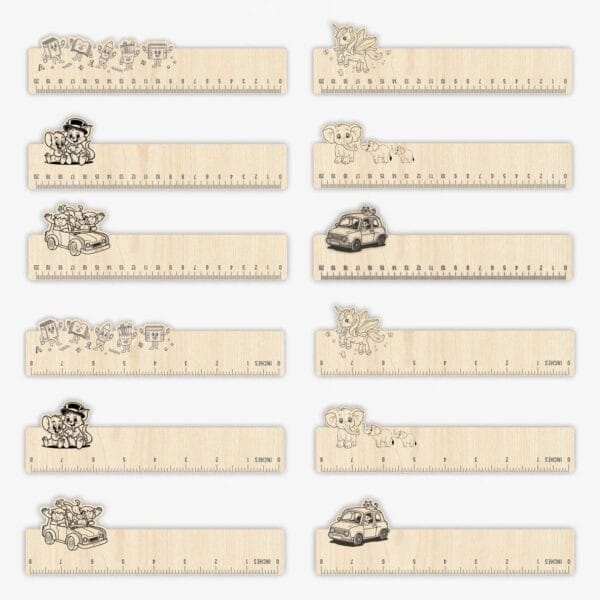 Custom Wooden Rulers: 21cm promotional rulers with cartoon animals and vehicle designs, marked in cm and inches.