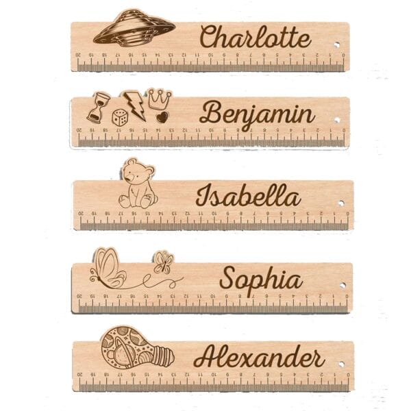 Custom Wooden Rulers: 21cm promotional rulers with names like Charlotte, Benjamin, Isabella, Sophia, Alexander, and various icons.