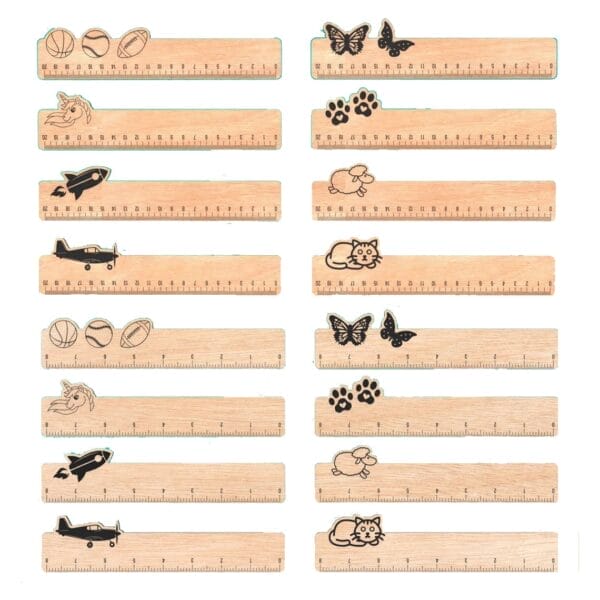 Custom Wooden Rulers: 21cm promotional rulers with sports, animal, and vehicle designs, ideal for corporate gifts and events.