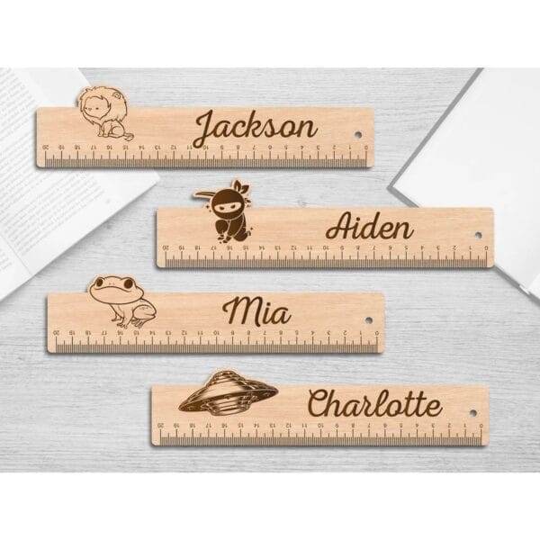 Custom Wooden Rulers: 21cm promotional rulers with names Jackson, Aiden, Mia, and Charlotte, each with a cartoon image.