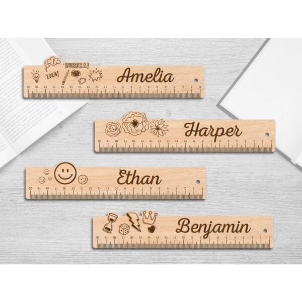 Custom Wooden Rulers: 21cm promotional rulers personalized with names (Amelia, Harper, Ethan, Benjamin) and icons.
