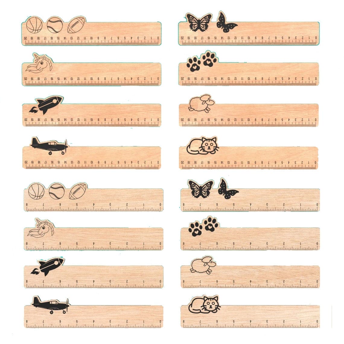 Custom Wooden Rulers: 21cm promotional rulers with sports, animal, and vehicle designs, ideal for corporate gifts and events.