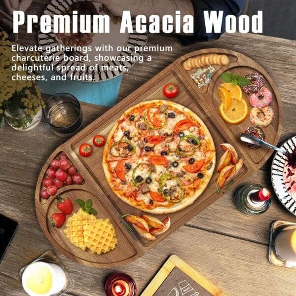 Premium Acacia Wood charcuterie board featuring pizza, fruits, waffles, and other appetizers.