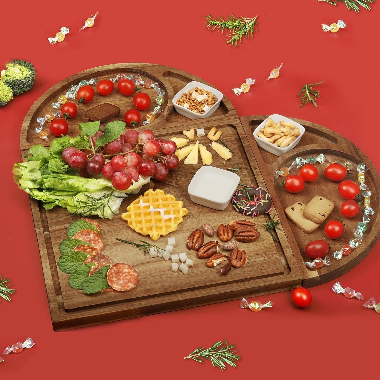 AUTO-DRAFT: Wooden charcuterie board featuring tomatoes, grapes, cheese, crackers, nuts, waffle, salami, and dips
