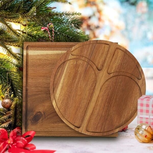 AUTO-DRAFT: Wooden serving board, square and round with three sections, Christmas decor
