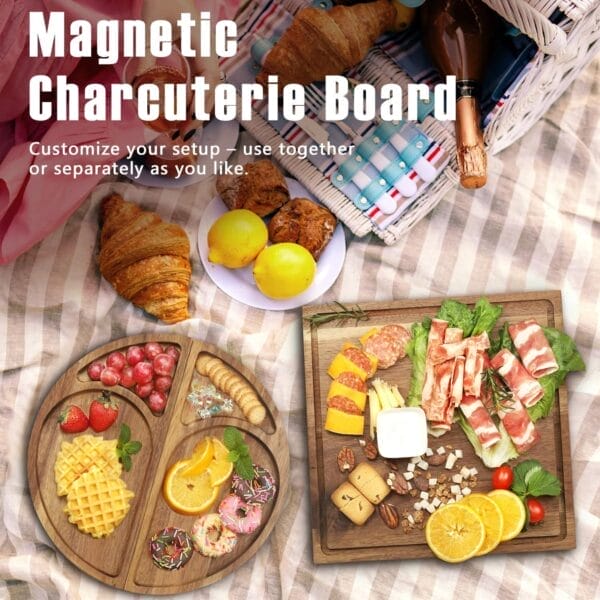 Magnetic charcuterie board set, customizable for picnics or serving, with various food arrangements.