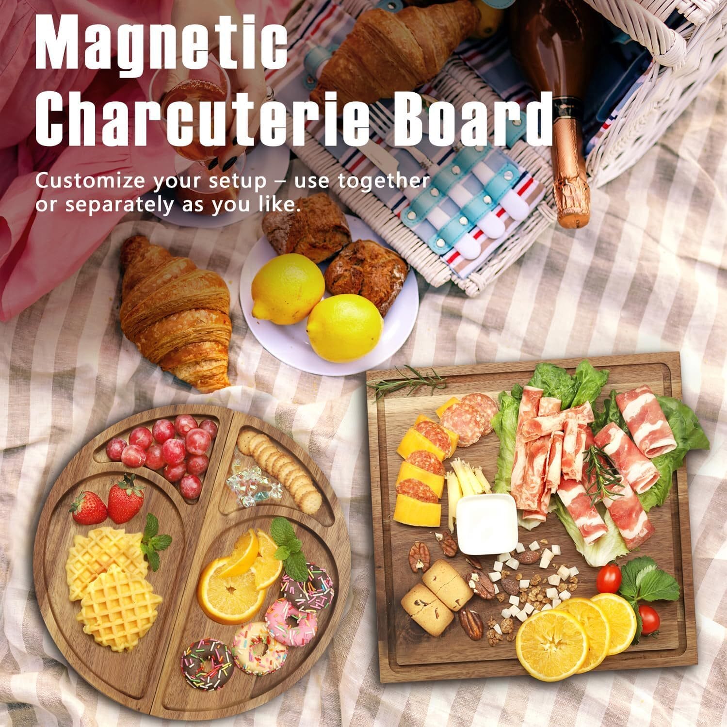 Magnetic charcuterie board set, customizable for picnics or serving, with various food arrangements.