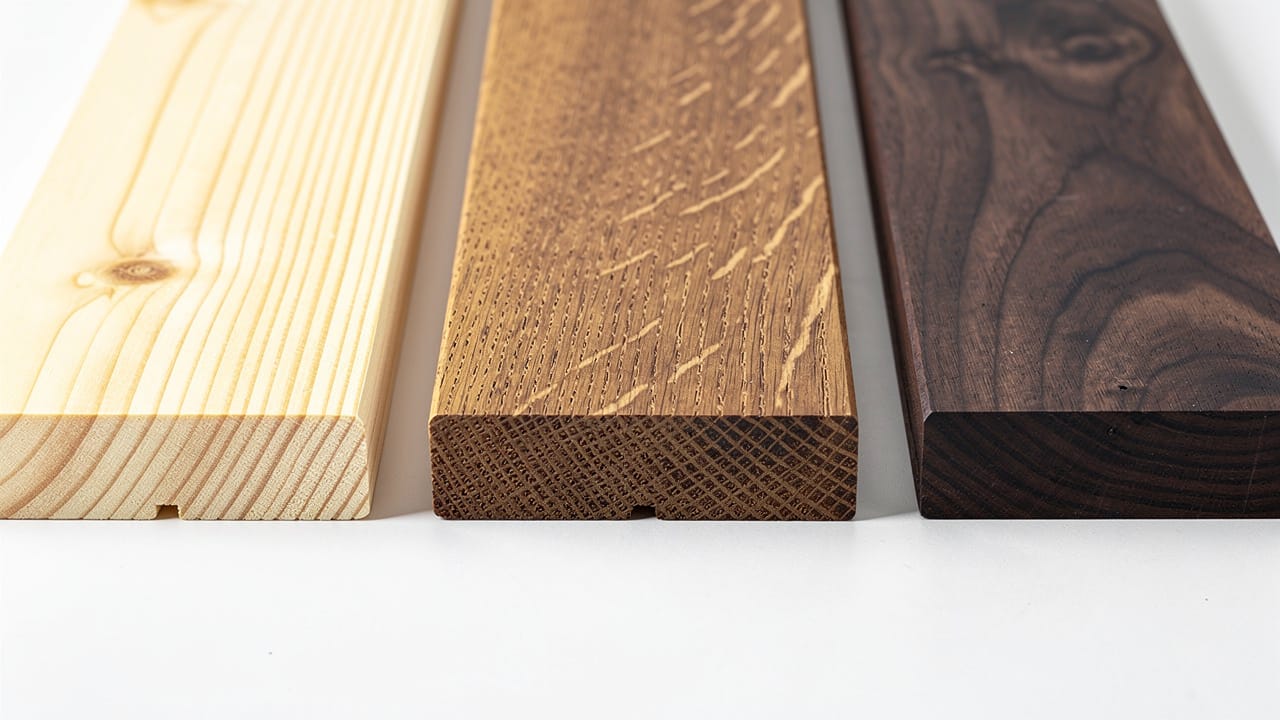 Three wood planks: pine, oak, and walnut, for key holder design.