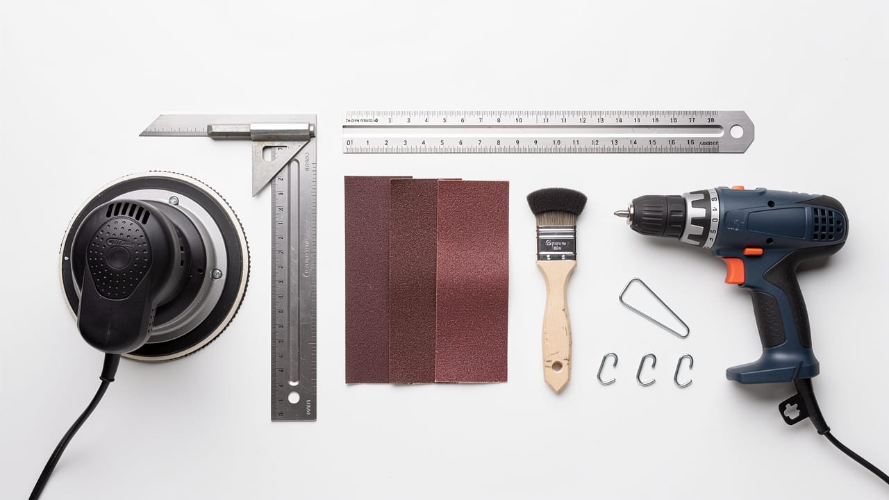 Woodworking tools for key holder design: sander, drill, ruler, sandpaper, brush, hooks