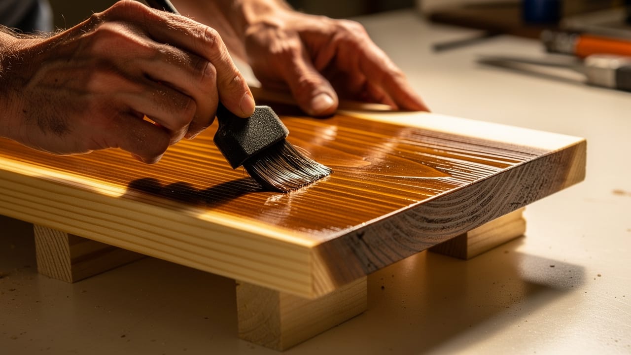 Woodworker applying finish to a wooden key holder design