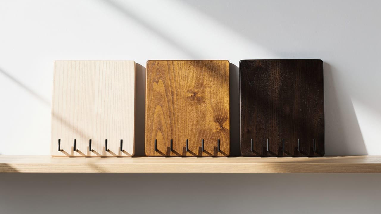 Three wooden key holders in natural, medium, and dark finishes on a shelf.