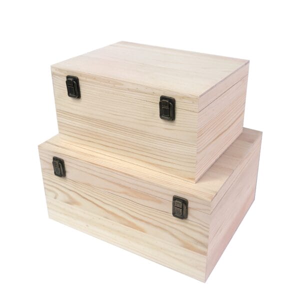 Two unfinished wooden boxes stacked, featuring metal clasps for closure