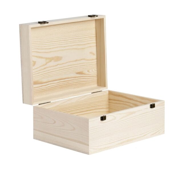 Large unfinished wood boxes wholesale: open wooden box, showing natural wood grain and construction.