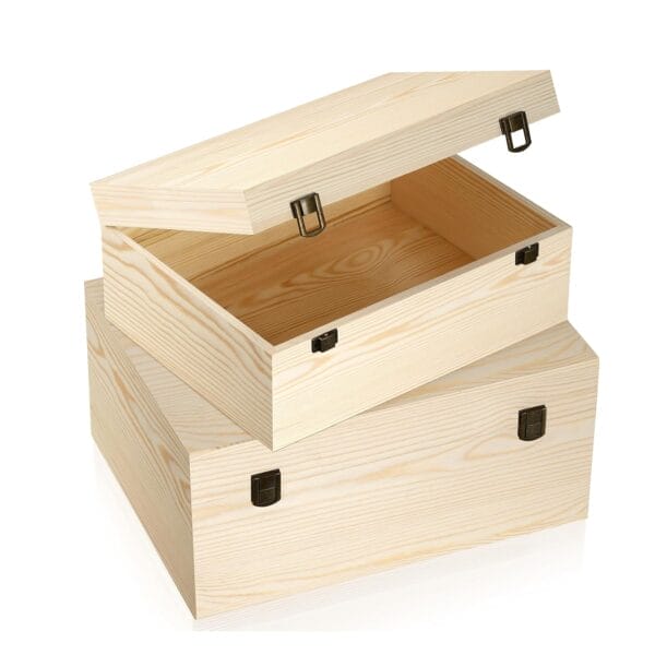 Large unfinished wood boxes wholesale: Two unfinished wooden boxes, one open, stacked