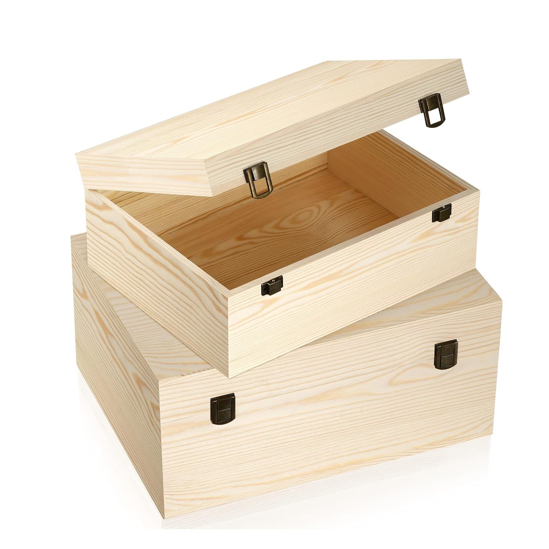 Large unfinished wood boxes wholesale: Two unfinished wooden boxes, one open, stacked