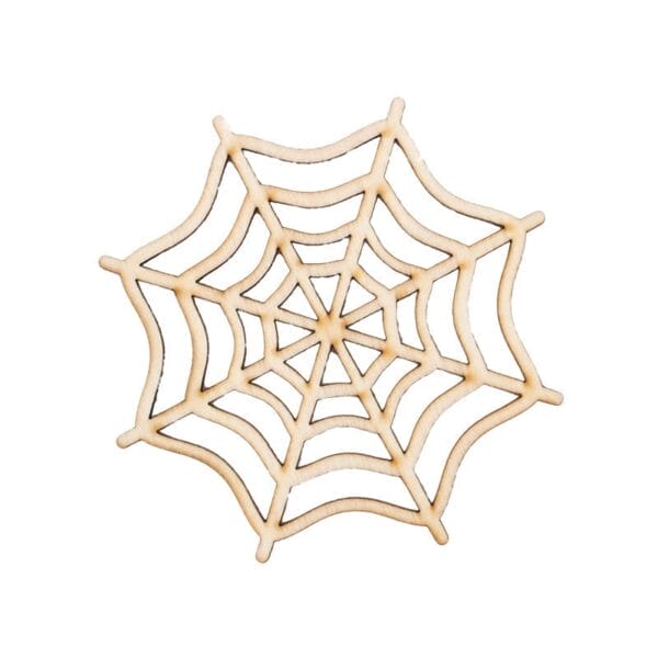 Laser-cut wood spider web from Halloween coaster set. Festive decoration for spooky season.