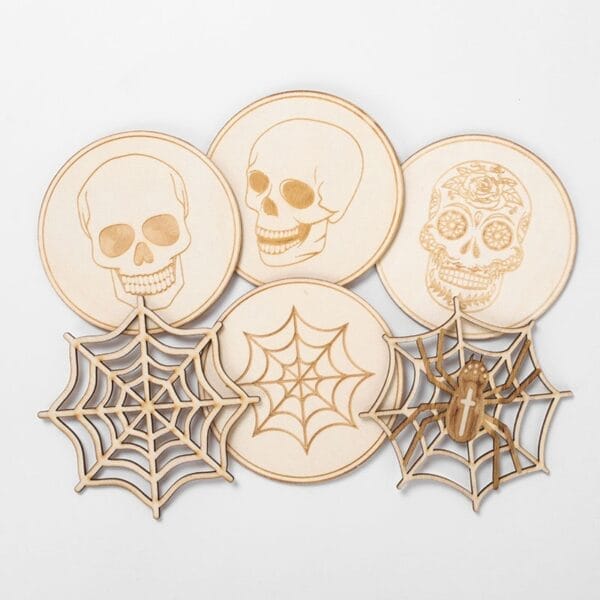 Halloween Laser Cut Wood Coasters: Skull and spiderweb designs for festive drinks, wholesale available