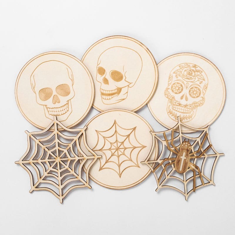 Halloween Laser Cut Wood Coasters: Skull and spiderweb designs for festive drinks, wholesale available