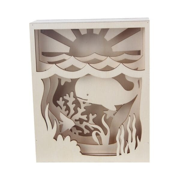 Laser Cut Wood Shadow Box: Wooden layered ocean scene featuring a whale, coral reef, and stylized sun