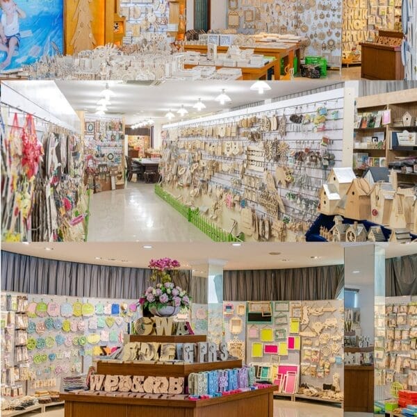 Craft supply store interior: Wooden blanks, DIY decorations, and craft materials galore.