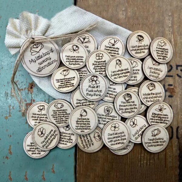 My Little Bag of Sweary Affirmations: Funny, sweary affirmations on wooden discs for self-care, a perfect gift.