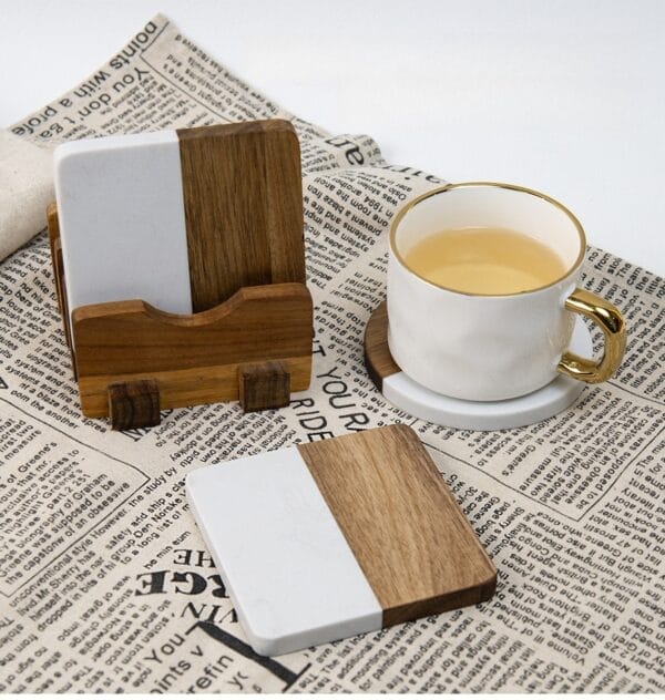 AUTO-DRAFT: Modern wood & marble coasters with holder. Perfect for protecting surfaces from drinks.