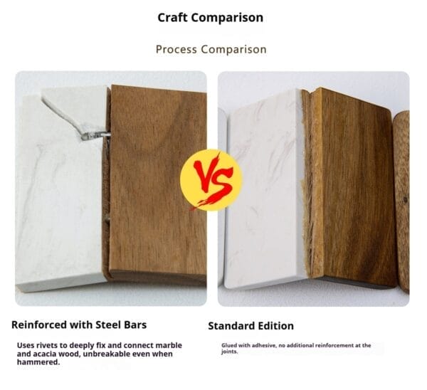 Craft comparison: Reinforced marble and acacia wood with steel bars vs. standard glued edition.