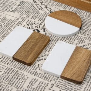 Marble And Wood Coasters Wholesale: Set of 4 coasters: square and round, wood and white marble design.