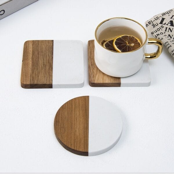 Modern wood & white coasters: square & round designs, perfect for protecting surfaces from drinks.