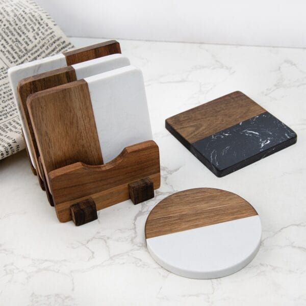 Wood and marble coasters set with holder. Square and round designs. Stylish drink coasters.