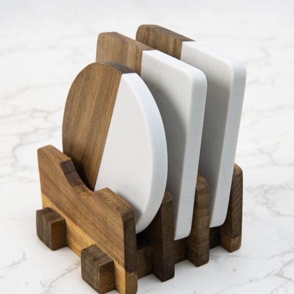 AUTO-DRAFT coasters in wooden holder, round and square, wood and white