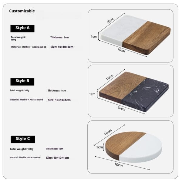 Marble and acacia wood coasters: square & round designs, stylish drinkware accessories