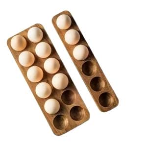 Eco-friendly wooden egg holder with eggs, kitchen storage tray.