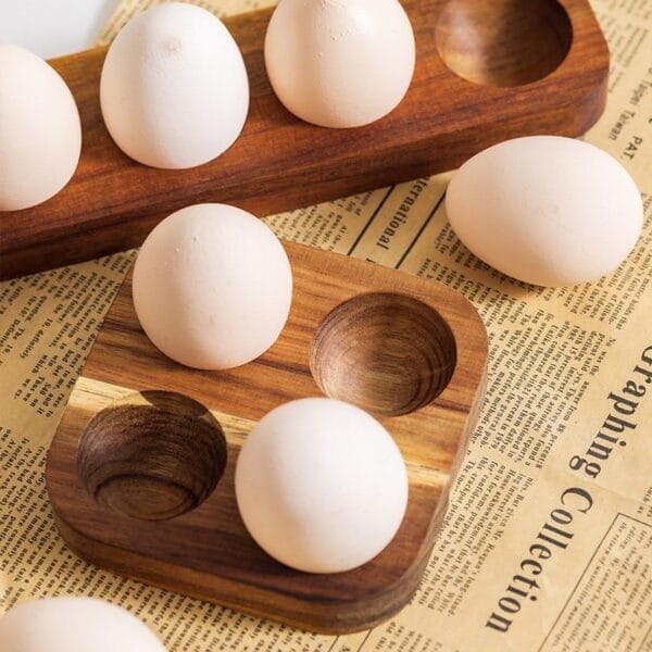 Personalised Wooden Egg Tray: Kitchen display & storage with eggs in slots.