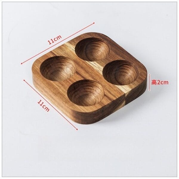 AUTO-DRAFT: Square wooden tray with four round indentations, 11x11cm, 2cm height
