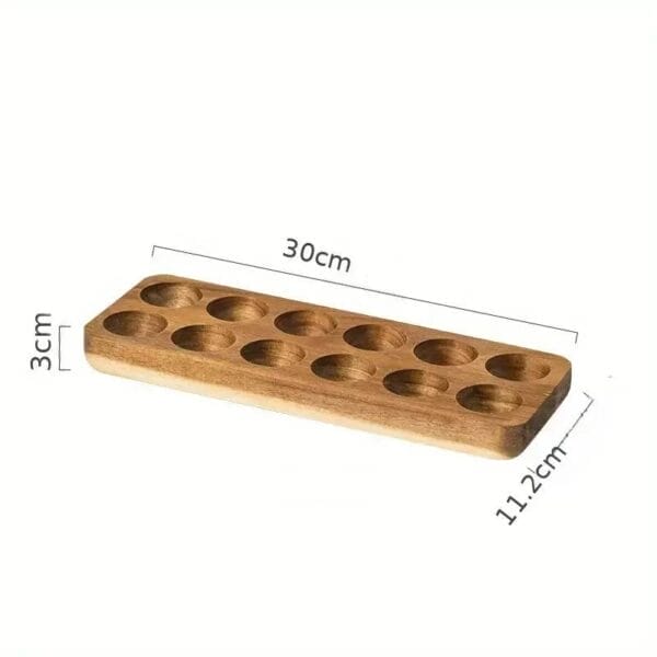 Wooden egg holder with 12 slots, 30cm x 11.2cm x 3cm.