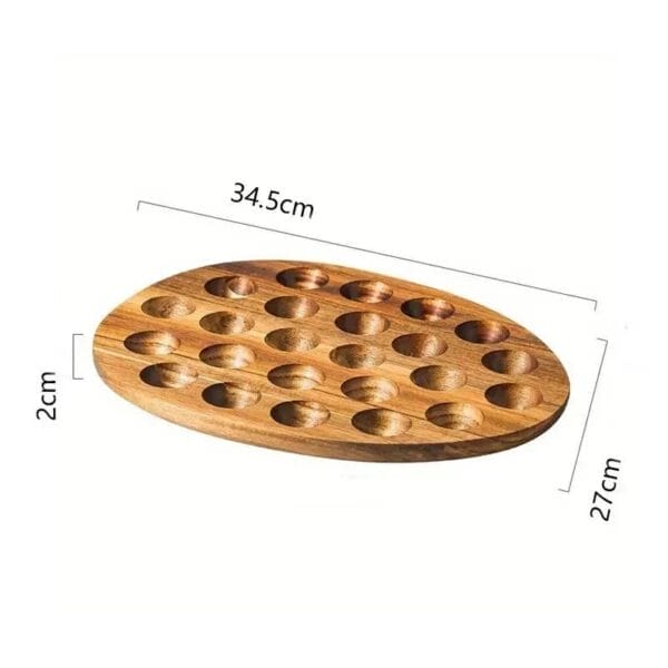 Wooden egg holder tray, oval-shaped, with 24 slots for holding eggs, dimensions 34.5cm x 27cm x 2cm