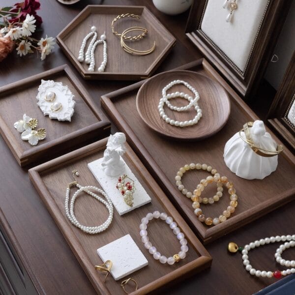 Walnut Personalised Wooden Jewellery Trays: Boutique display and storage for earrings, bracelets, rings, and necklaces.