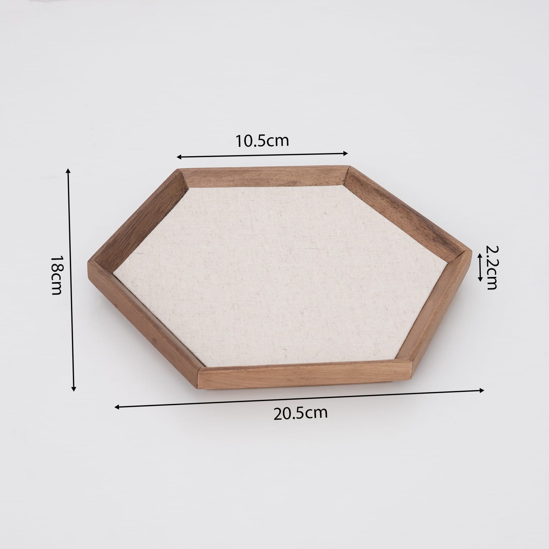 Walnut Personalised Wooden Jewellery Tray: Hexagonal boutique display & storage with dimension markings.