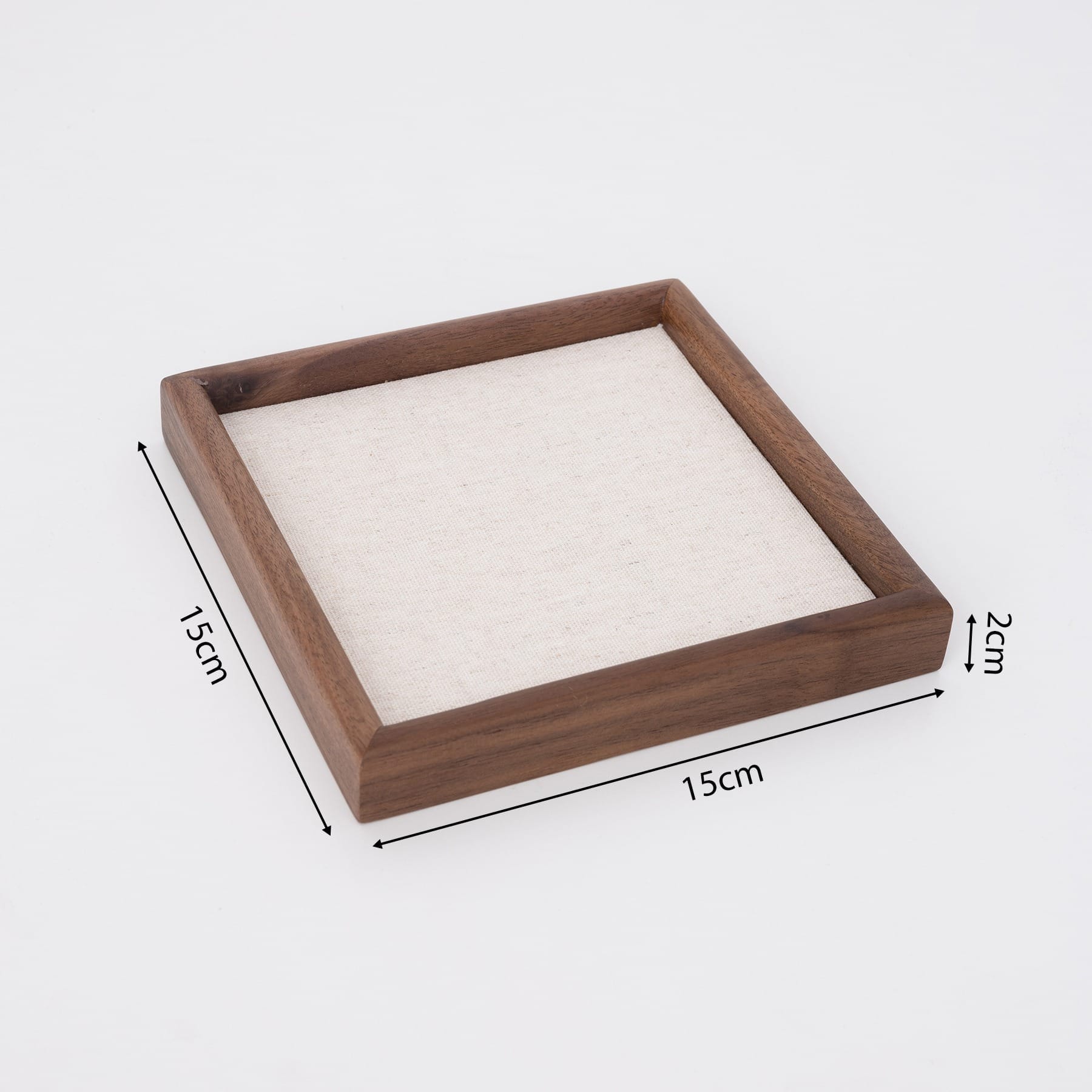 Walnut Personalised Wooden Jewellery Tray: 15cm square boutique display & storage with fabric base.