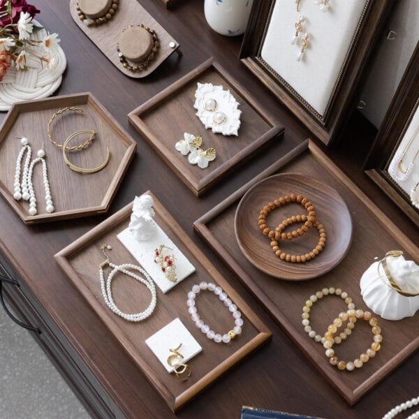 Walnut Personalised Wooden Jewellery Trays: Boutique display and storage for bracelets, earrings, and necklaces.